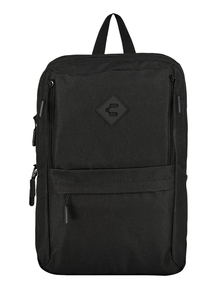 Mochila deportiva de color negro con logotipo central y cierres frontales.