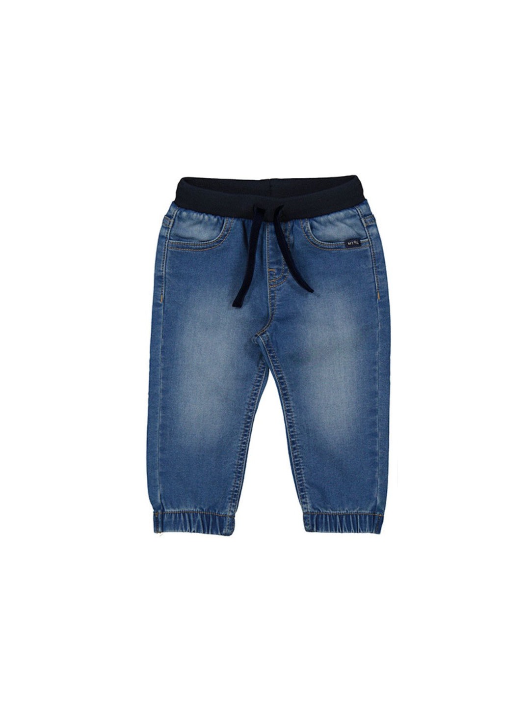 Pantalón jogger de mezclilla azul para bebé con cintura elástica y cordón azul marino.