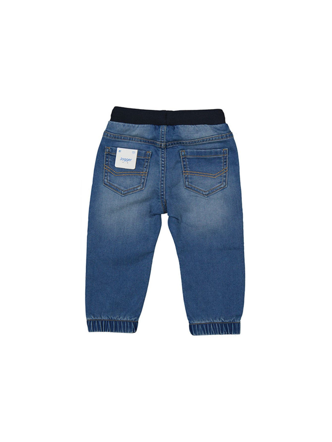 Pantalón jogger de mezclilla azul para bebé con cintura elástica y cordón azul marino.