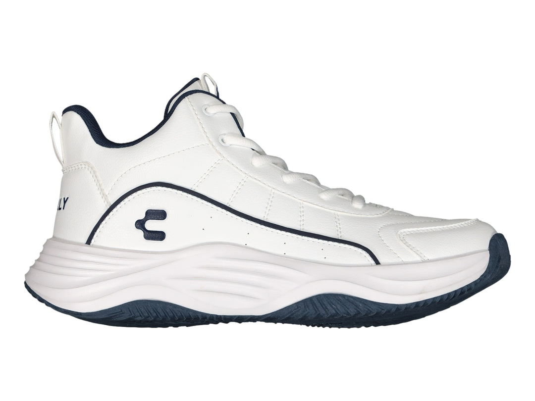 Tenis de baloncesto Charly color blanco con detalles y suela en azul marino.