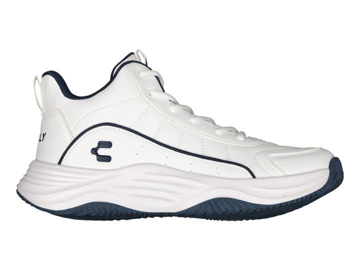 Tenis de baloncesto Charly color blanco con detalles y suela en azul marino.