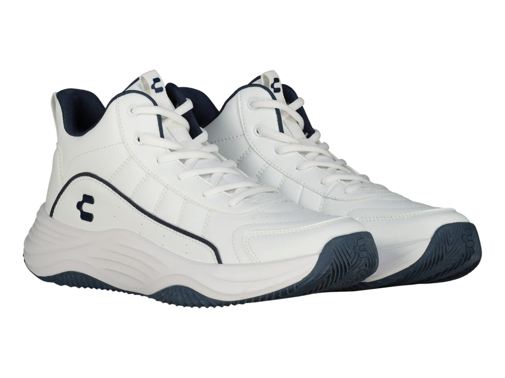 Tenis de baloncesto Charly color blanco con detalles y suela en azul marino.