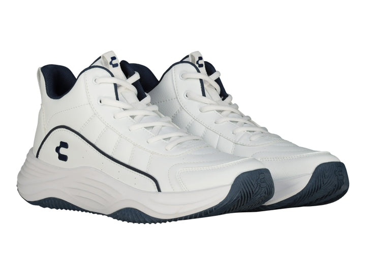 Tenis de baloncesto Charly color blanco con detalles y suela en azul marino.
