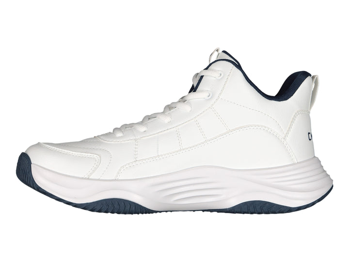 Tenis de baloncesto Charly color blanco con detalles y suela en azul marino.
