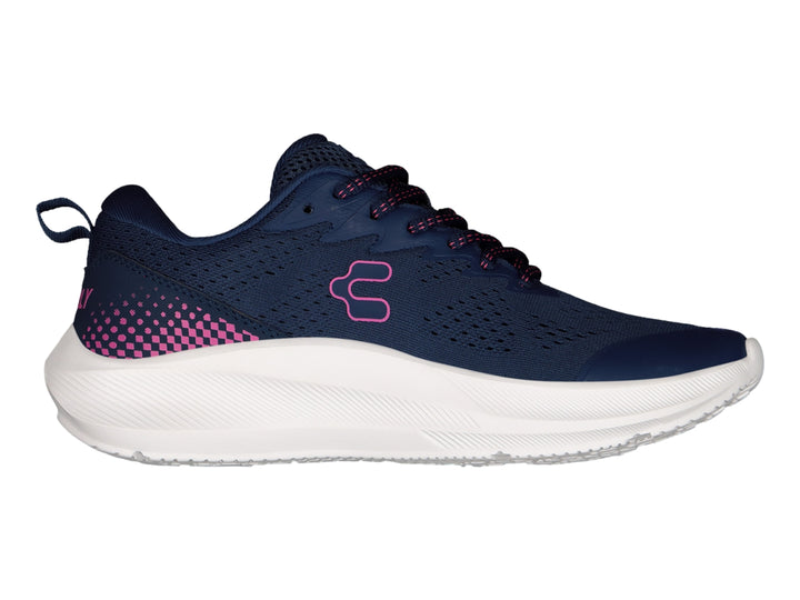 Tenis deportivos Charly color marino con suela blanca y detalles en fucsia.