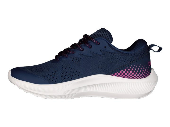 Tenis deportivos Charly color marino con suela blanca y detalles en fucsia.