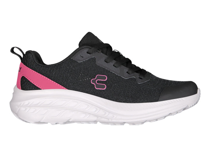 Tenis Charly Road Casual en color negro con detalles en fucsia y suela blanca gruesa.