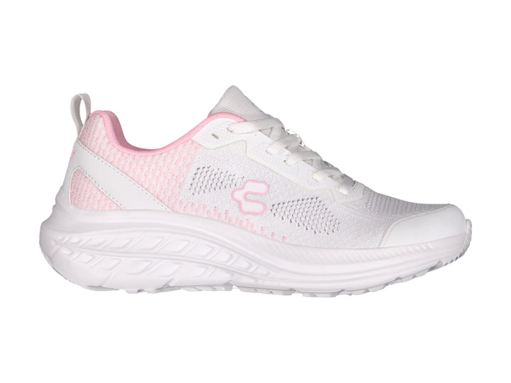 Tenis deportivos Charly en color blanco con detalles en rosa, diseño casual y suela blanca.