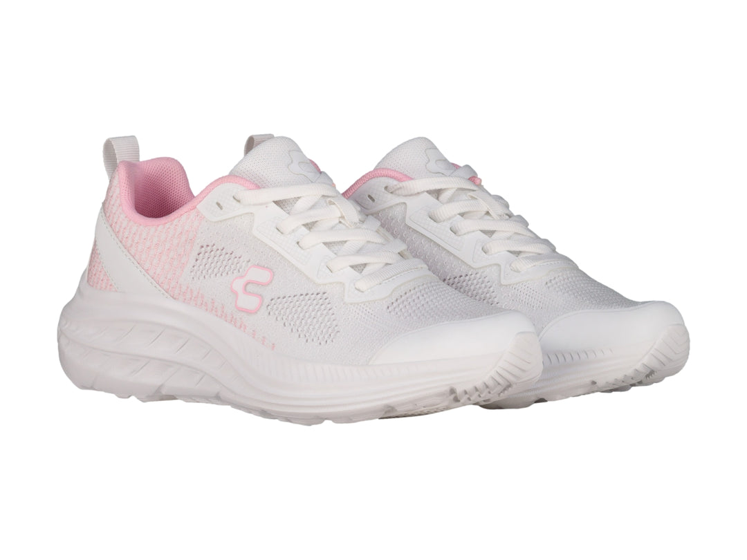 Tenis deportivos Charly en color blanco con detalles en rosa, diseño casual y suela blanca.