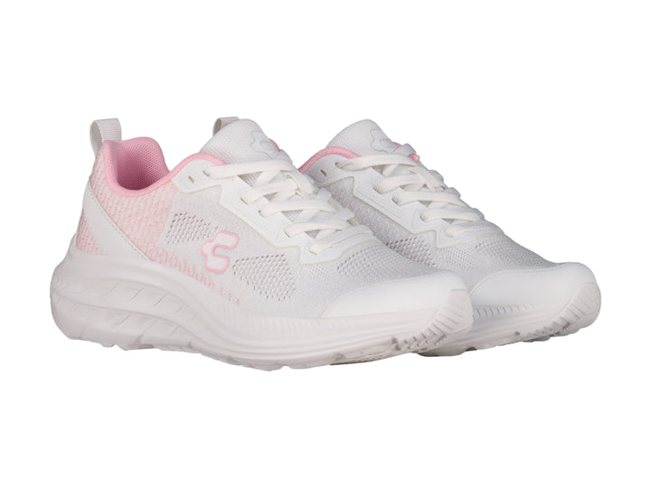 Tenis deportivos Charly en color blanco con detalles en rosa, diseño casual y suela blanca.