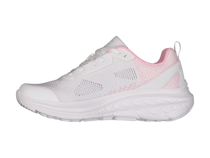 Tenis deportivos Charly en color blanco con detalles en rosa, diseño casual y suela blanca.