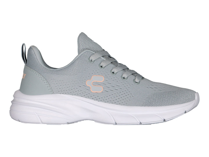 Tenis deportivos Charly color gris con suela blanca y logotipo en tono durazno.