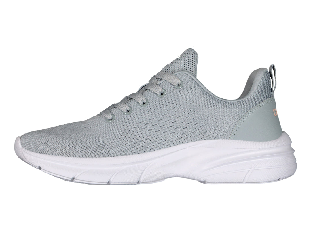 Tenis deportivos Charly color gris con suela blanca y logotipo en tono durazno.