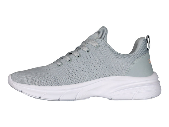 Tenis deportivos Charly color gris con suela blanca y logotipo en tono durazno.