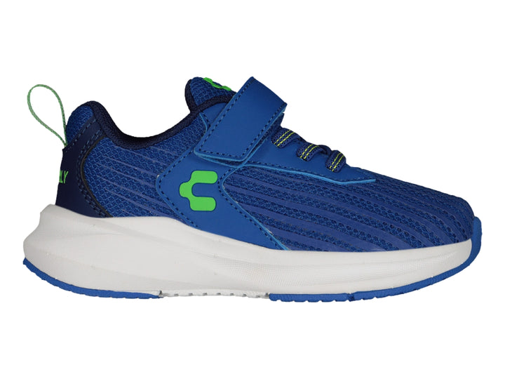 Tenis deportivos Charly para niño en color azul con suela blanca y detalles en verde, cierre de velcro y agujetas.