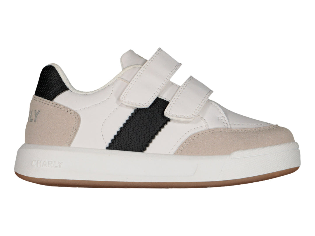Tenis urbanos Charly color blanco con detalles en negro y beige y cierre de velcro.