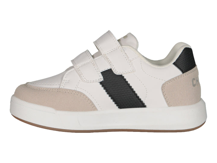 Tenis urbanos Charly color blanco con detalles en negro y beige y cierre de velcro.