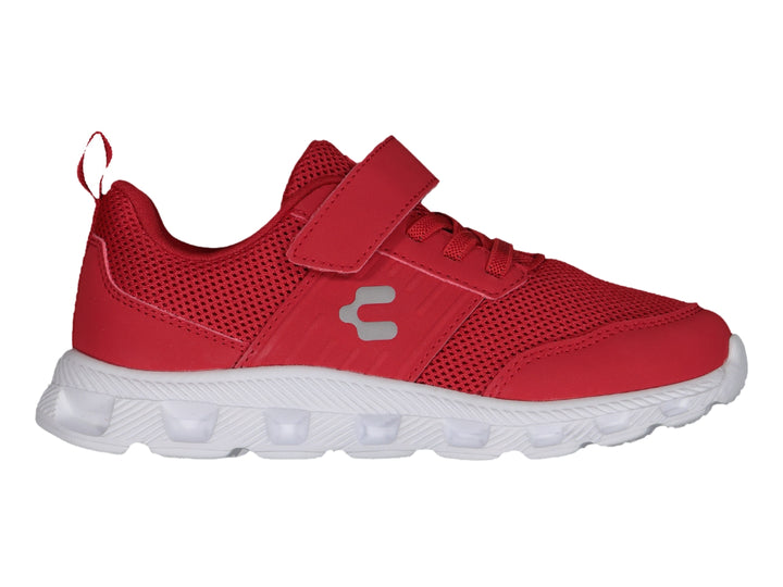 Tenis deportivos Charly color rojo con suela blanca y correa de velcro.