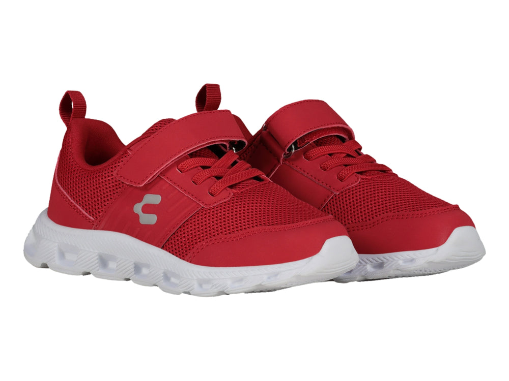 Tenis deportivos Charly color rojo con suela blanca y correa de velcro.
