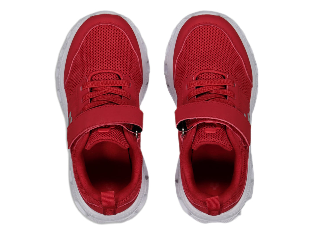Tenis deportivos Charly color rojo con suela blanca y correa de velcro.