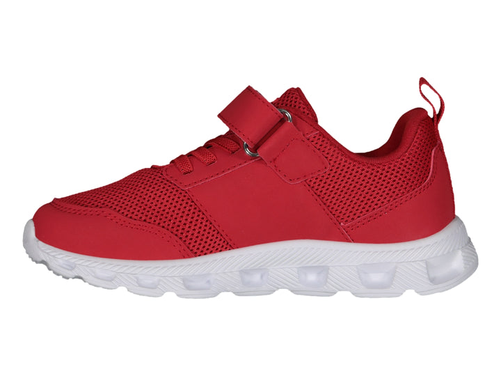 Tenis deportivos Charly color rojo con suela blanca y correa de velcro.