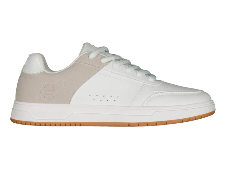 Tenis Charly urbanos en colores blanco y beige con suela café claro y agujetas blancas.