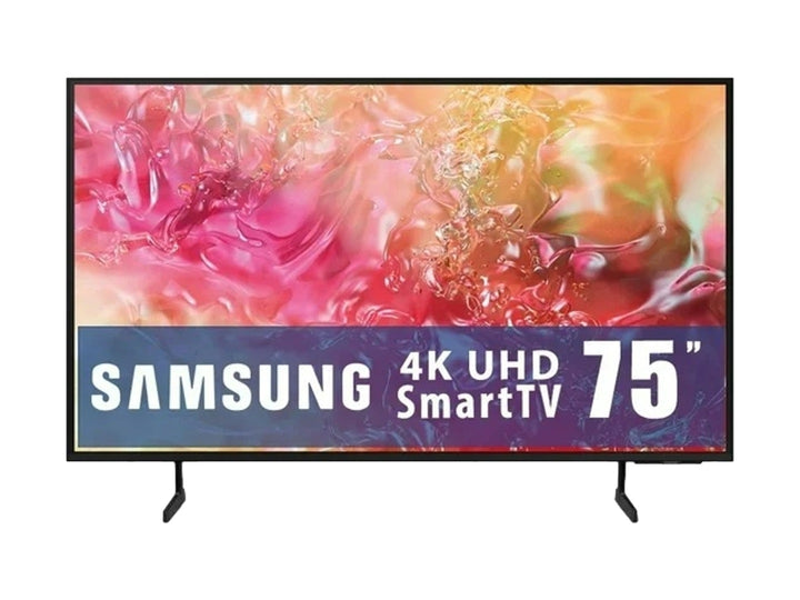 Televisor Samsung 4K Smart TV de 75 pulgadas en color negro con marco delgado y soporte.