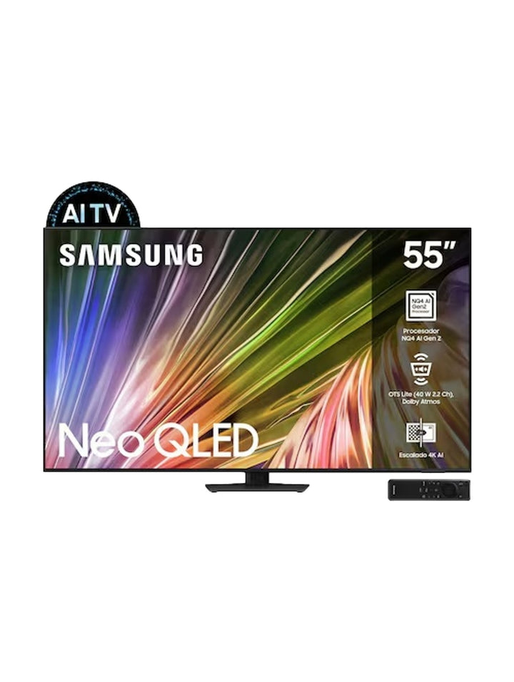 Televisor Samsung Neo QLED de 55 pulgadas en color negro con pantalla encendida y barra de sonido.