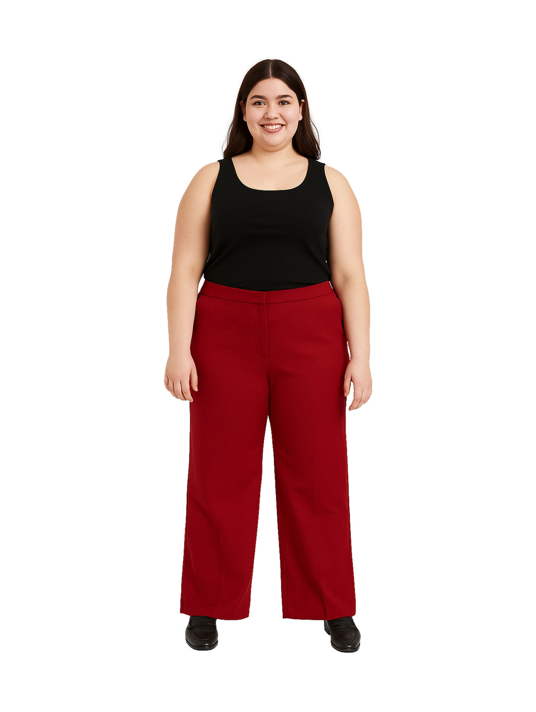 Mujer vistiendo un pantalón de pierna ancha color vino y una camiseta negra.