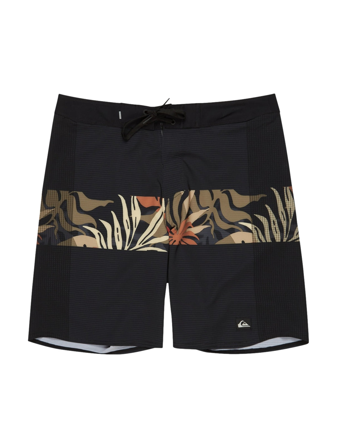 Short de surf Quiksilver color negro con panel estampado tropical en tonos beige.