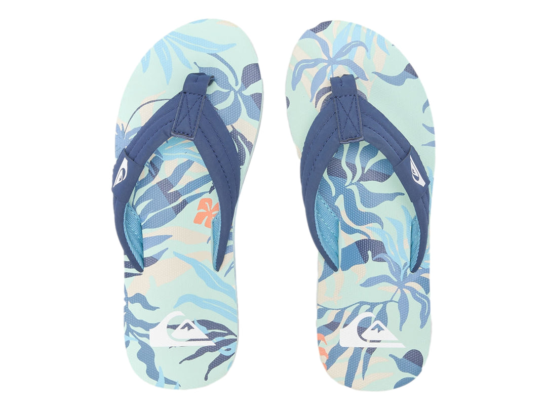 Sandalia de dedo Quiksilver en colores azul marino y celeste con suela negra.