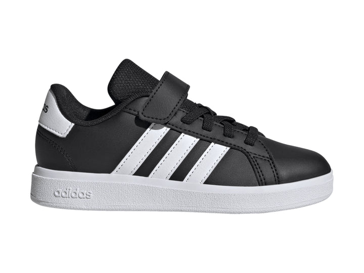 Tenis Adidas Grand Court 2.0 en color negro con franjas y suela blanca, cierre de velcro.