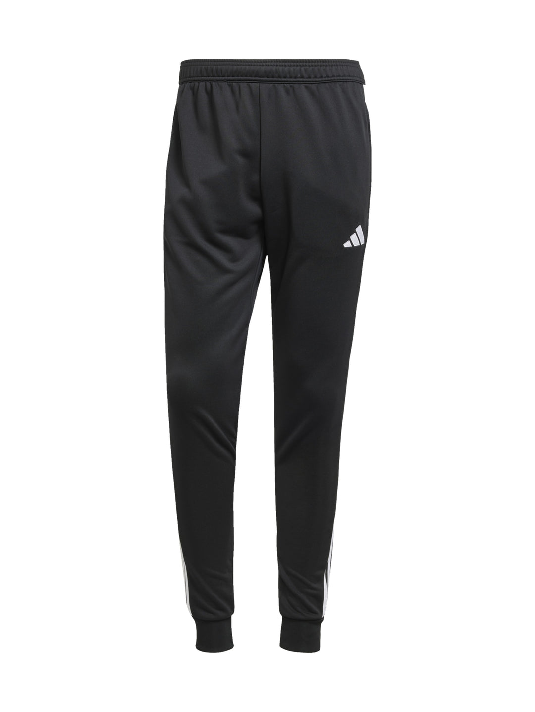 Pantalones deportivos Adidas color negro con tres franjas blancas laterales y logotipo blanco.