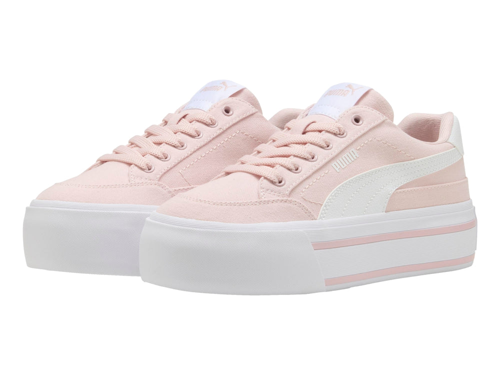 Tenis PUMA Court Classic Vulc FS Platform en color rosa mauve mist con suela de plataforma blanca para mujer.