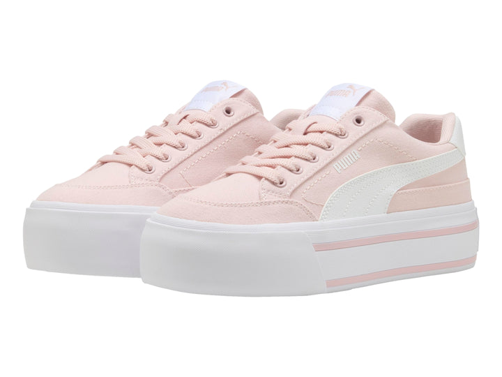 Tenis PUMA Court Classic Vulc FS Platform en color rosa mauve mist con suela de plataforma blanca para mujer.