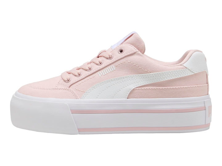 Tenis PUMA Court Classic Vulc FS Platform en color rosa mauve mist con suela de plataforma blanca para mujer.