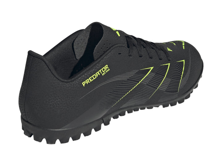 Zapato de fútbol Adidas Predator Club TF color negro con detalles en verde lima y suela para césped sintético.