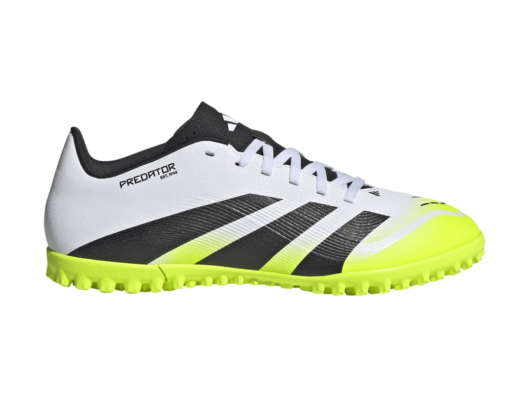Zapato de fútbol Adidas Predator Club TF en colores blanco, negro y verde neón con suela para césped sintético.