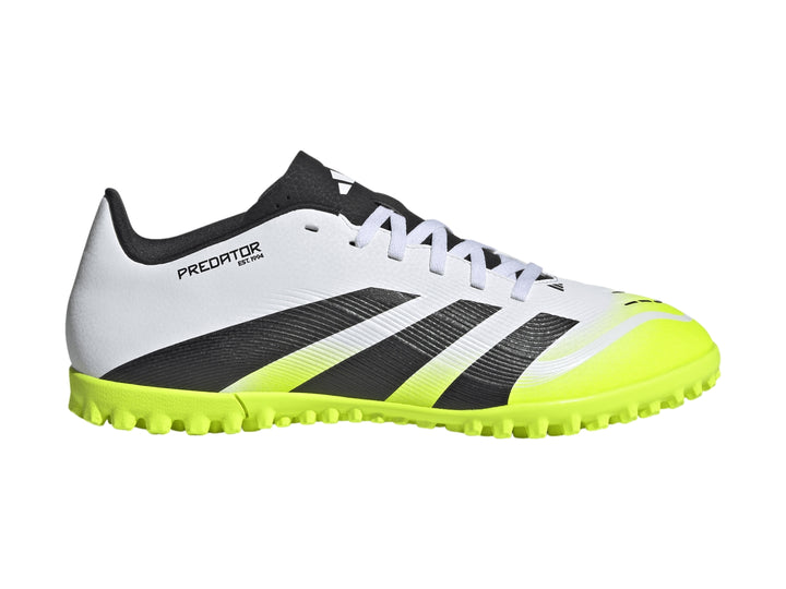 Zapato de fútbol Adidas Predator Club TF en colores blanco, negro y verde neón con suela para césped sintético.