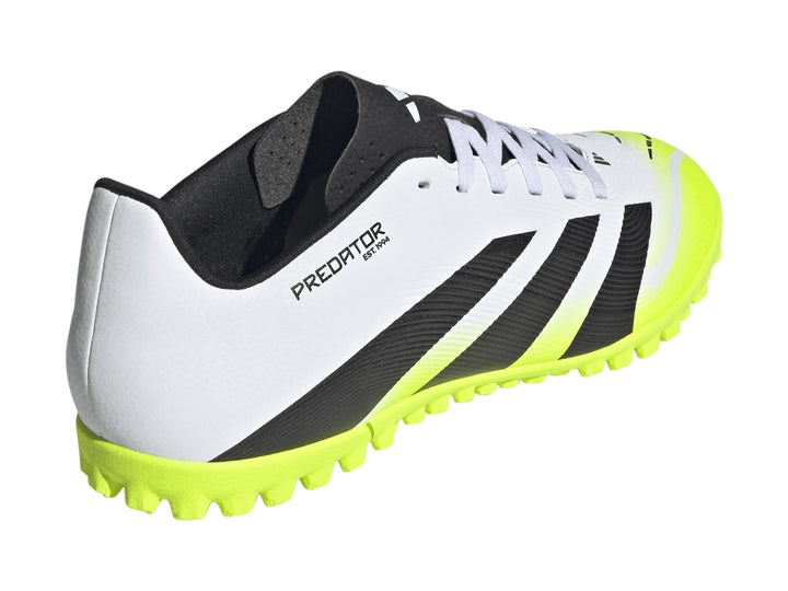 Zapato de fútbol Adidas Predator Club TF en colores blanco, negro y verde neón con suela para césped sintético.