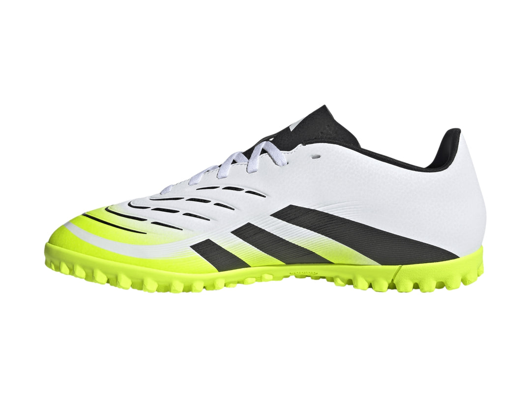 Zapato de fútbol Adidas Predator Club TF en colores blanco, negro y verde neón con suela para césped sintético.
