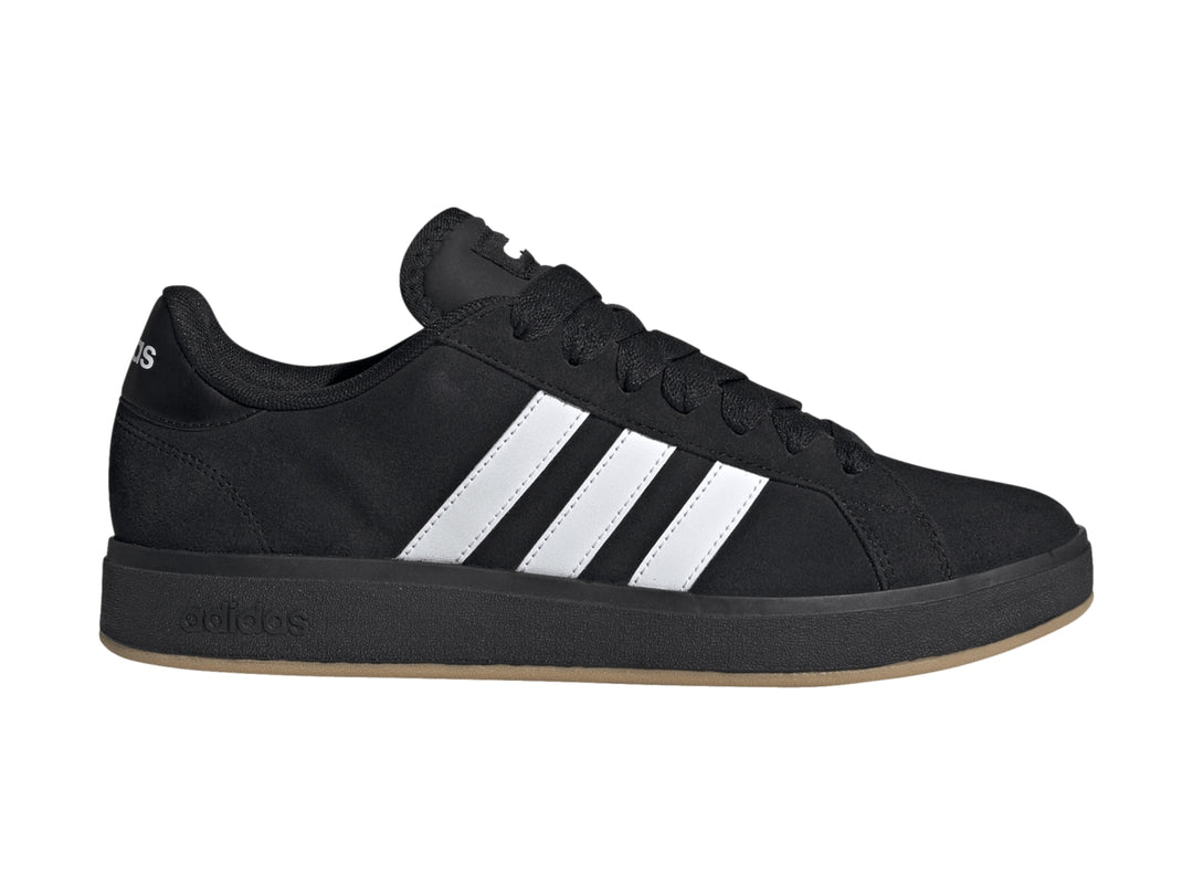 Tenis Adidas Grand Court Base 00s en color negro con tres franjas blancas laterales y suela negra.