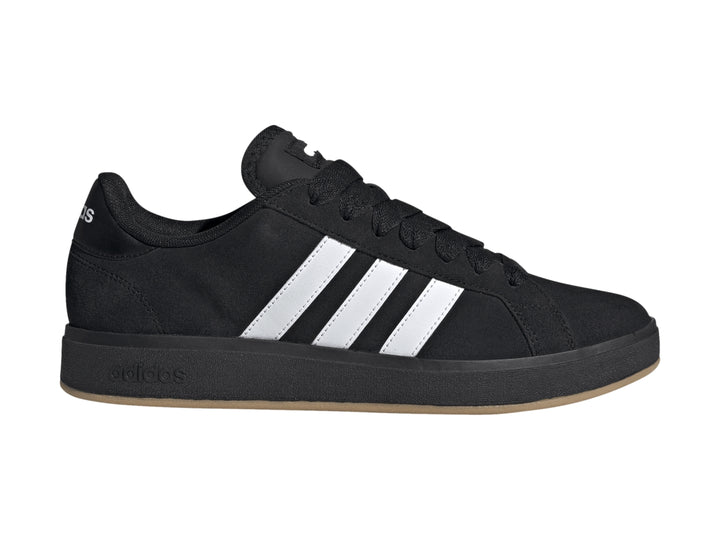 Tenis Adidas Grand Court Base 00s en color negro con tres franjas blancas laterales y suela negra.
