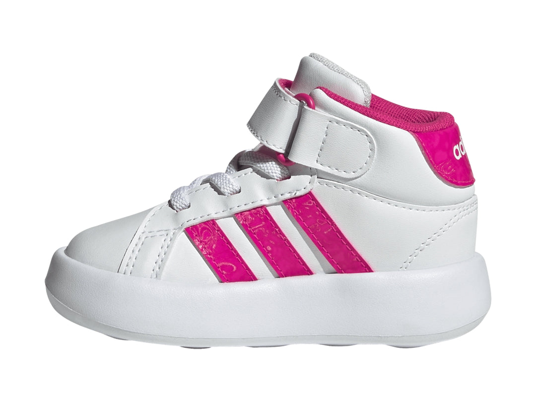 Tenis Adidas Grand Court Mid para niños en color blanco con franjas y detalles en rosa.