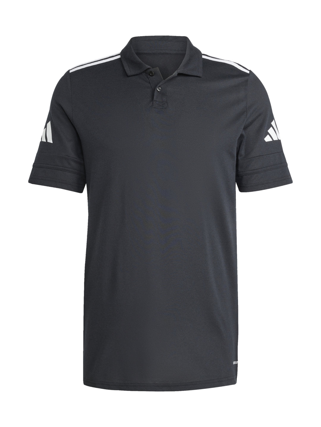 Hombre vistiendo polo deportivo Adidas color negro con detalles blancos en hombros y manga.