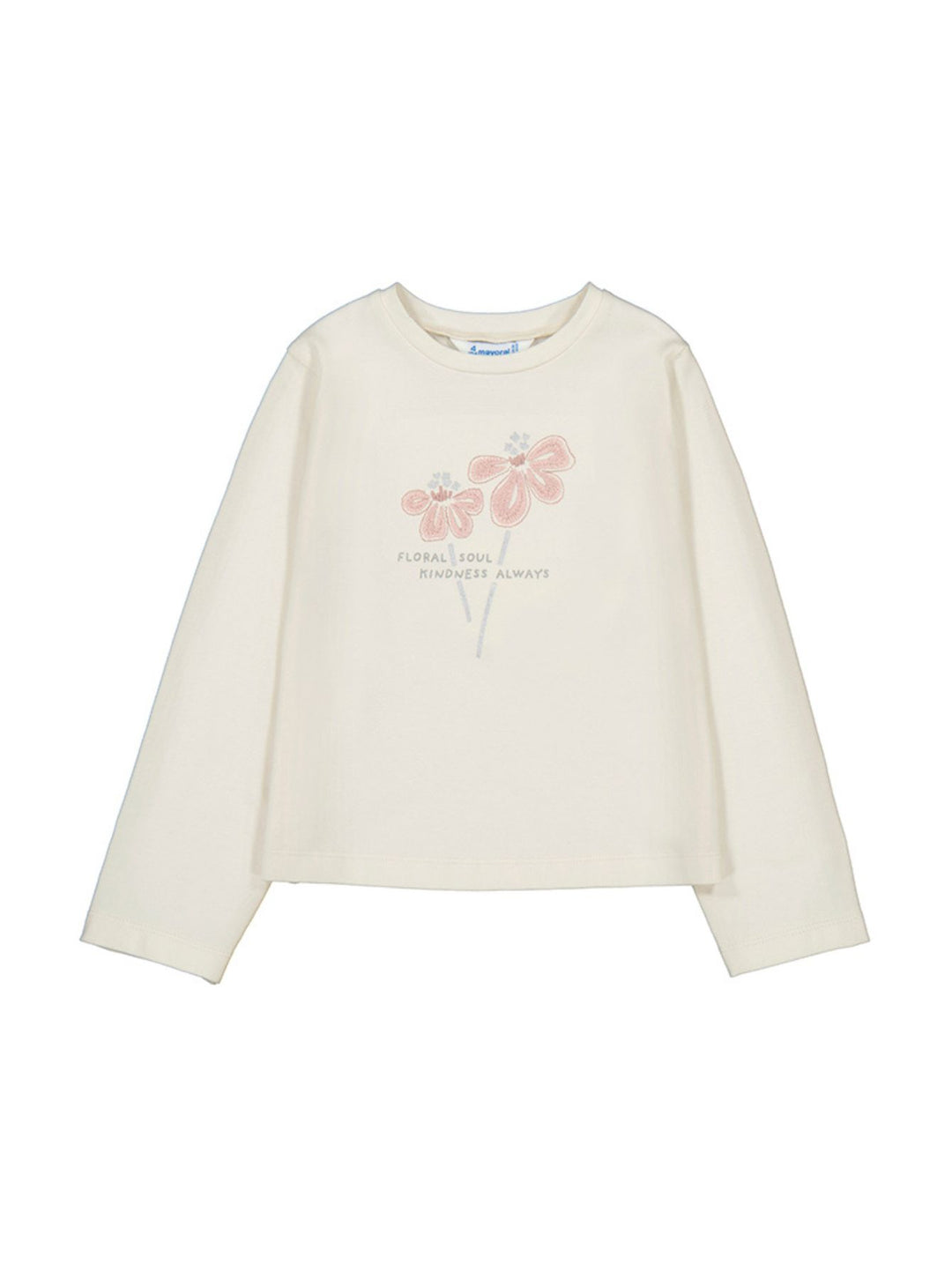 Blusa color macchiato para niña con estampado de flores rosas y texto en el pecho.