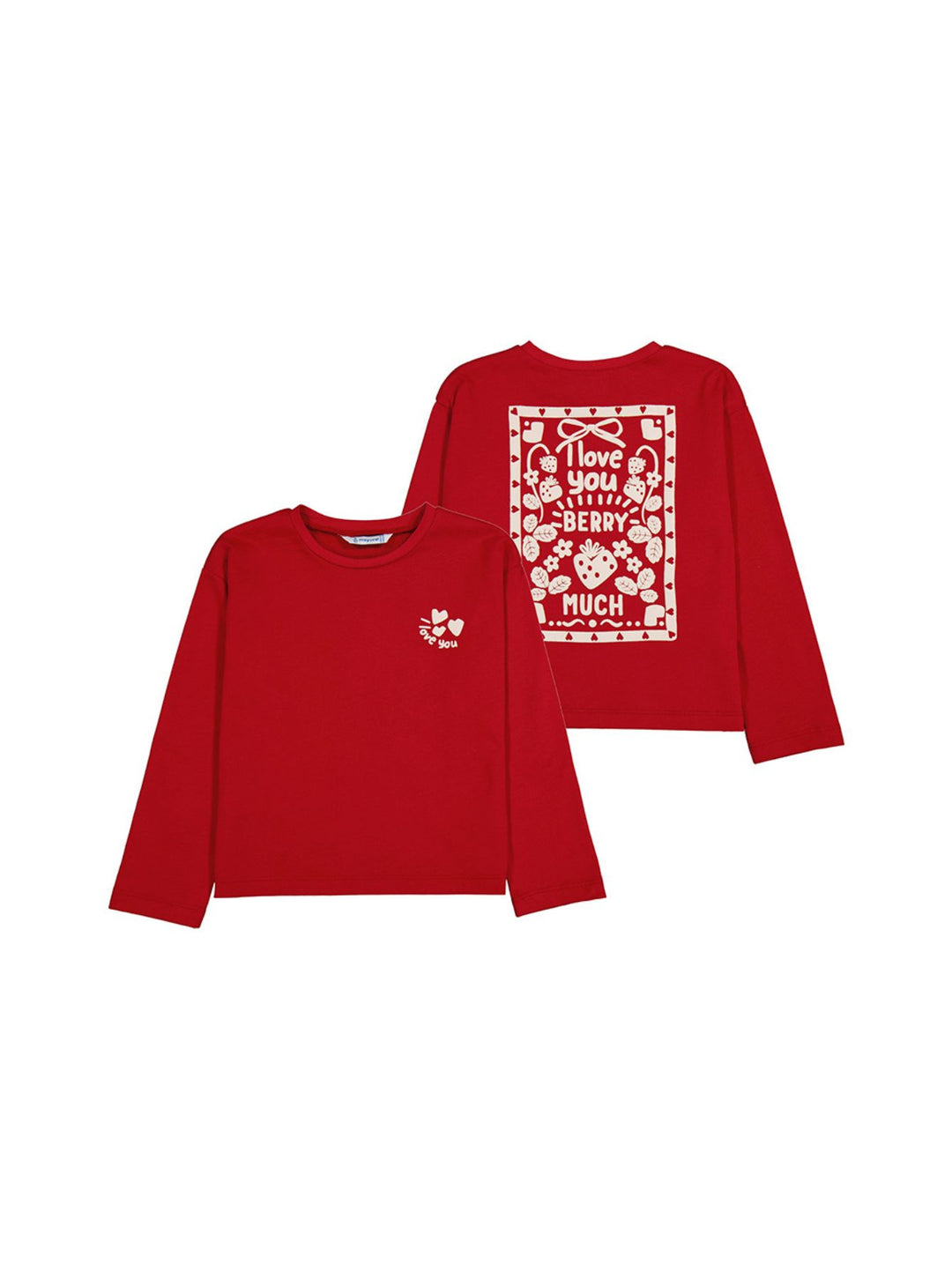 Blusa roja de manga larga para niña con estampados blancos de corazones y fresas.