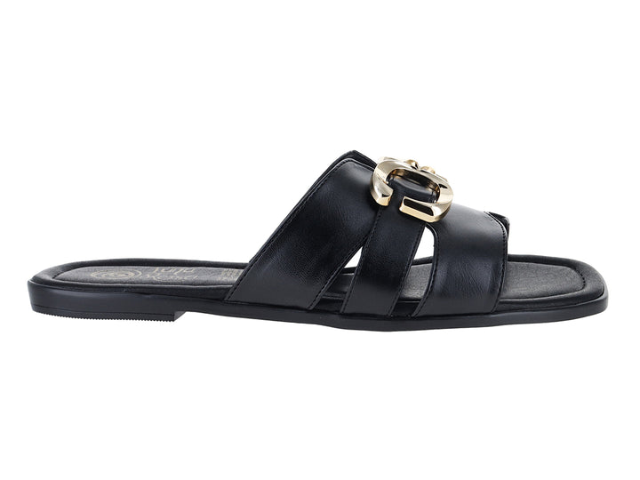 Sandalias negras para mujer con hebilla dorada y diseño de tiras.
