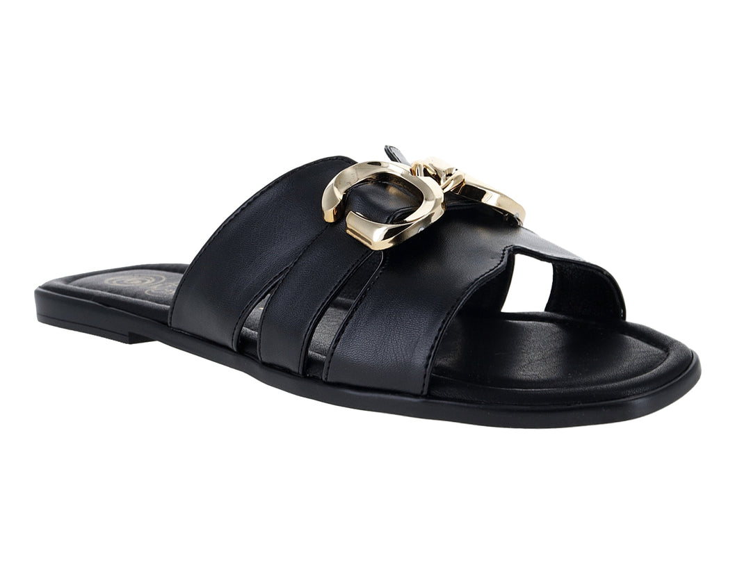 Sandalias negras para mujer con hebilla dorada y diseño de tiras.