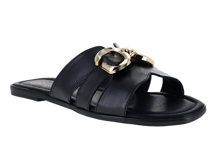 Sandalias negras para mujer con hebilla dorada y diseño de tiras.